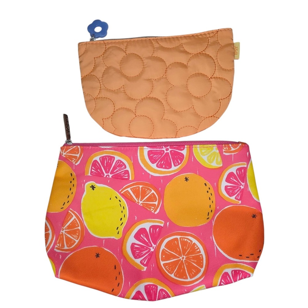 Floral Quilted Orange Bag + Citrus Print Pouch Set Aesthetic Makeup Travel Lot